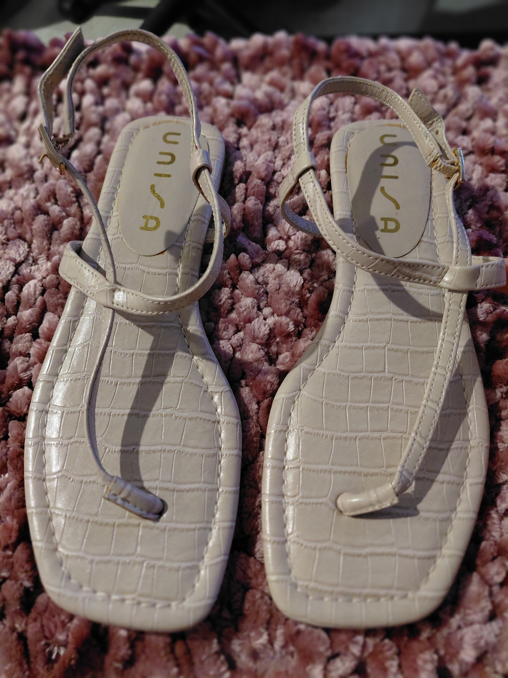 Unisa Cream Croc-Embossed T-Strap Sandals